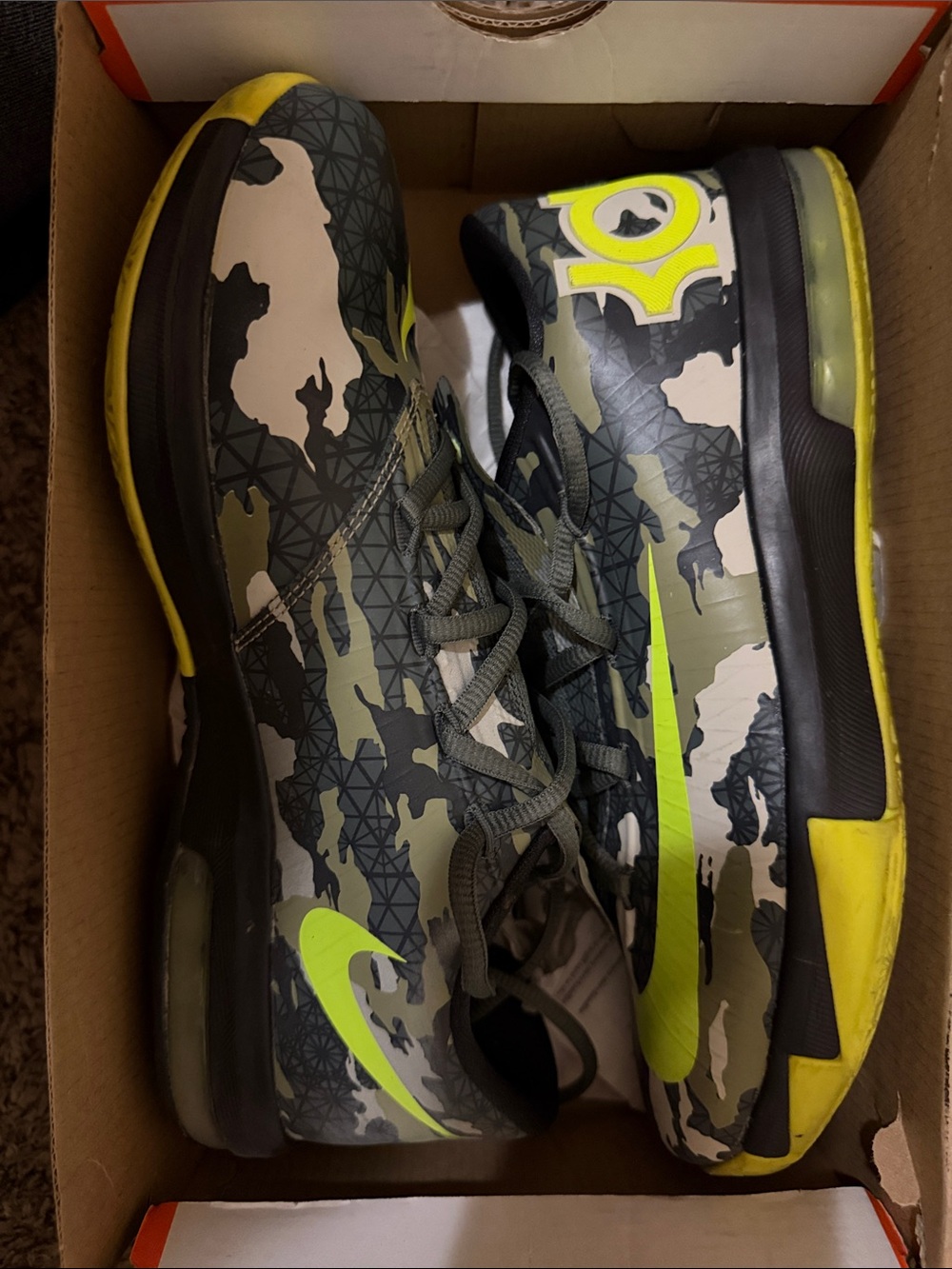 Nike KD Camo Low Basketball Shoes in Olive, Black, and Volt